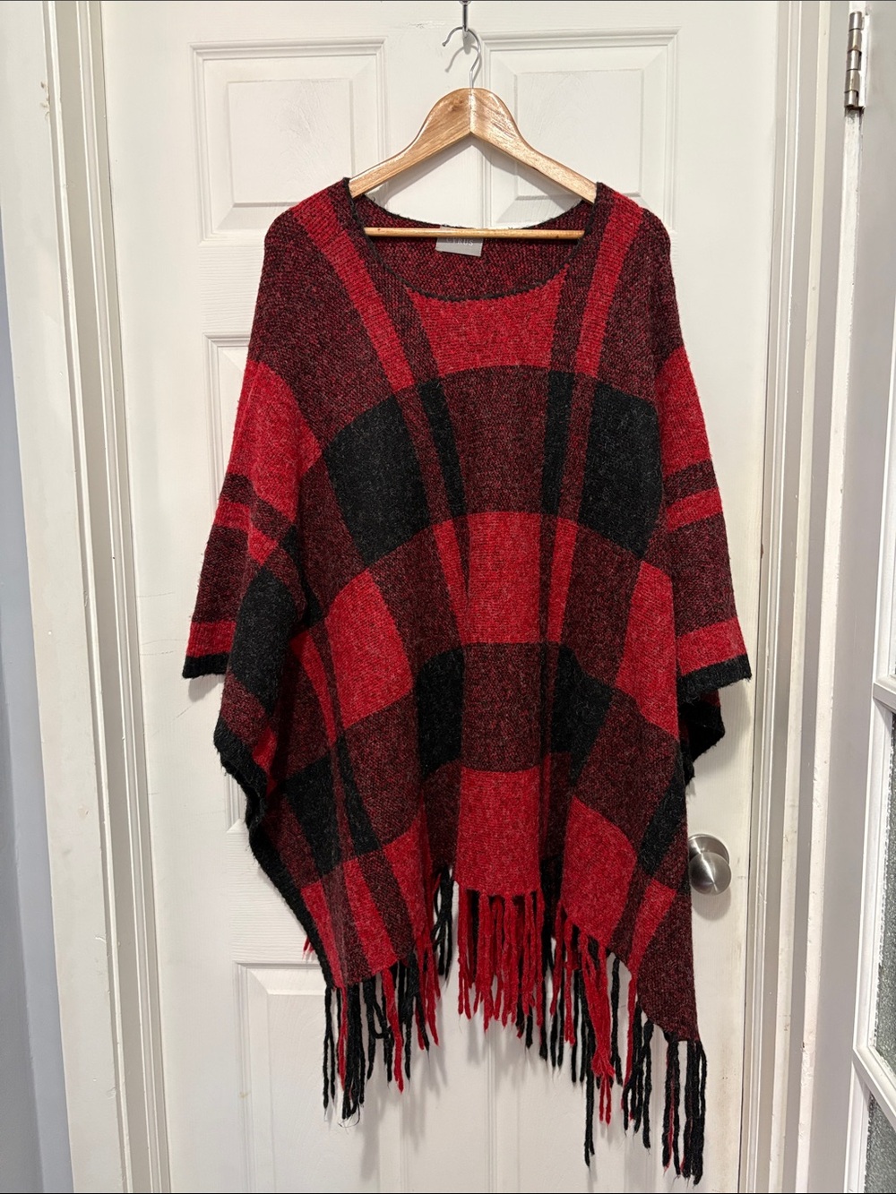 Cyrus Red and Black Buffalo Plaid Fringe Poncho